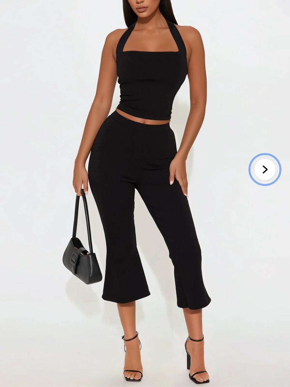 Fashion Nova Black Halter Crop Top & Flared Capris Set